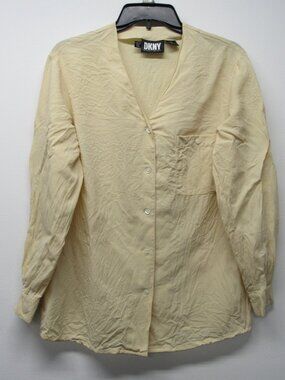 Vintage 90s DKNY Donna Karan New York 100% Silk V Neck Beige Blouse S Minimalist